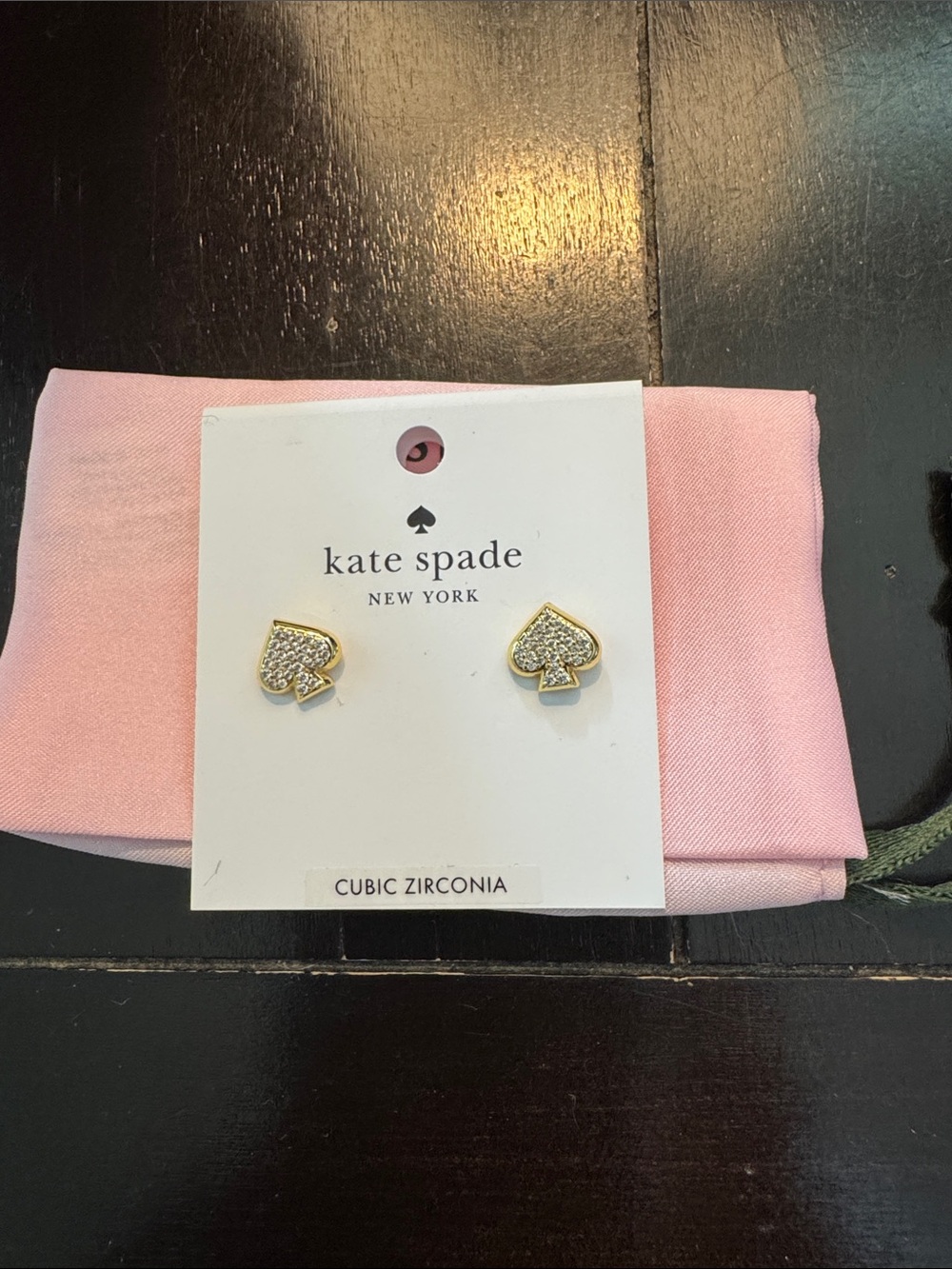 kate spade Gold Crystal Spade Stud Earrings with Pink Pouch